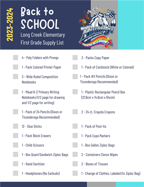 2023-2024 First Grade School Supply List